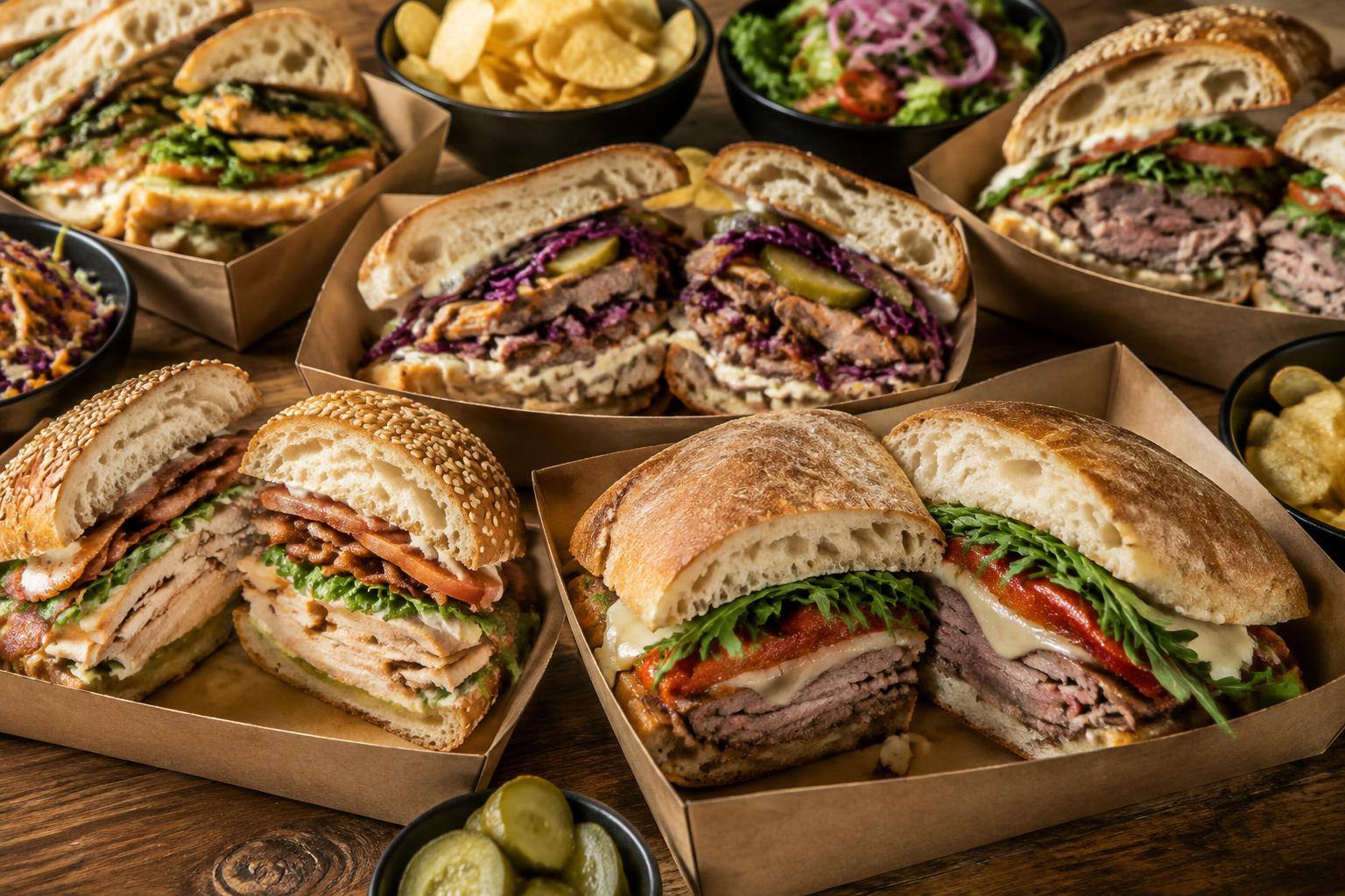 An abundant catered spread of artisan sandwiches, crisp chips, and fresh salad
