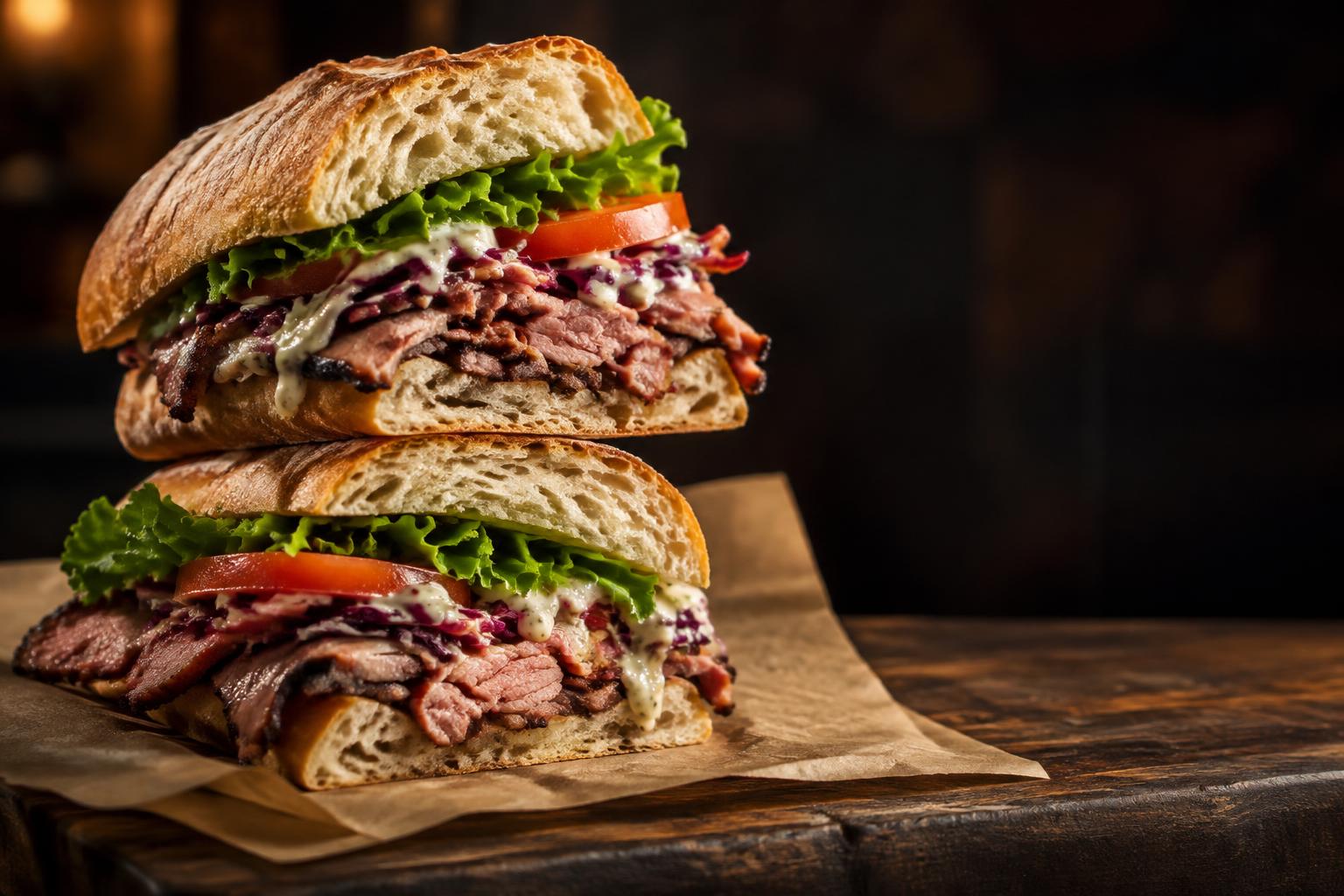 Oversized artisan sandwich with colorful fresh ingredients